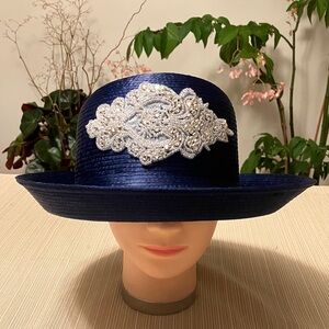 Elegant Navy Blue Satin Ribbon Hat with Silver Rhinestone Embellishment